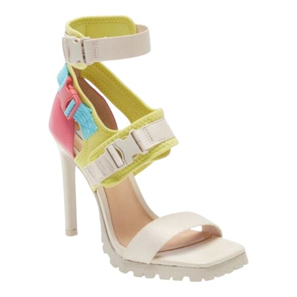STEVE MADDEN Vibing Vegan Leather Sandal In Multi Square TOE PINK YELLOW 7.5 NEW - Picture 1 of 11
